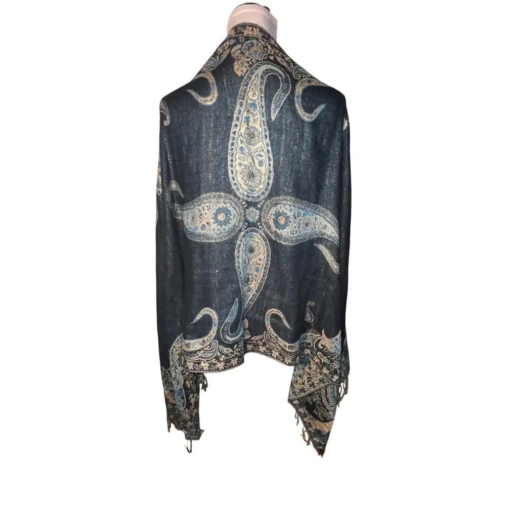 Paisley metallic‎ blue, gold fringe shawl scarf, sarong bohemian GypsyGoth